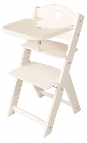 Dětská dřevěná jídelní židlička bílá s korunkou, bílé bočnice - chytrá židle Sedees