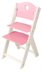 Dětská dřevěná rostoucí židle růžová s korunkou, bílé bočnice - chytrá židle Sedees