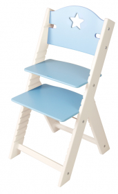 Dětská dřevěná rostoucí židle modrá s hvězdičkou, bílé bočnice - chytrá židle Sedees