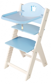 Sedees Dětská dřevěná jídelní židlička modrá s korunkou, bílé bočnice - chytrá židle Sedees