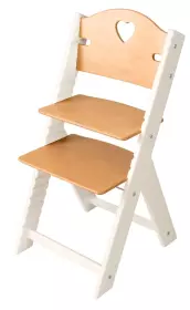 Dětská dřevěná rostoucí židle přírodní se srdíčkem, bílé bočnice - chytrá židle Sedees Inverse