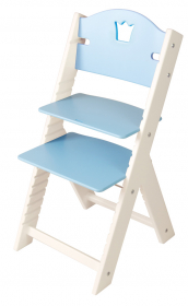 Dětská dřevěná rostoucí židle modrá s korunkou, bílé bočnice - chytrá židle Sedees