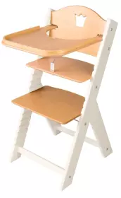 Dětská dřevěná jídelní židlička přírodní s korunkou, bílé bočnice - chytrá židle Sedees Inverse