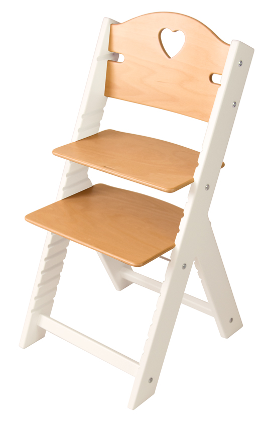 Dětská dřevěná rostoucí židle přírodní se srdíčkem, bílé bočnice - chytrá židle Sedees Inverse