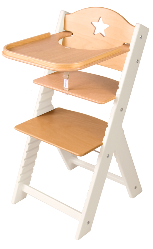 Dětská dřevěná jídelní židlička přírodní s hvězdičkou, bílé bočnice - chytrá židle Sedees Inverse